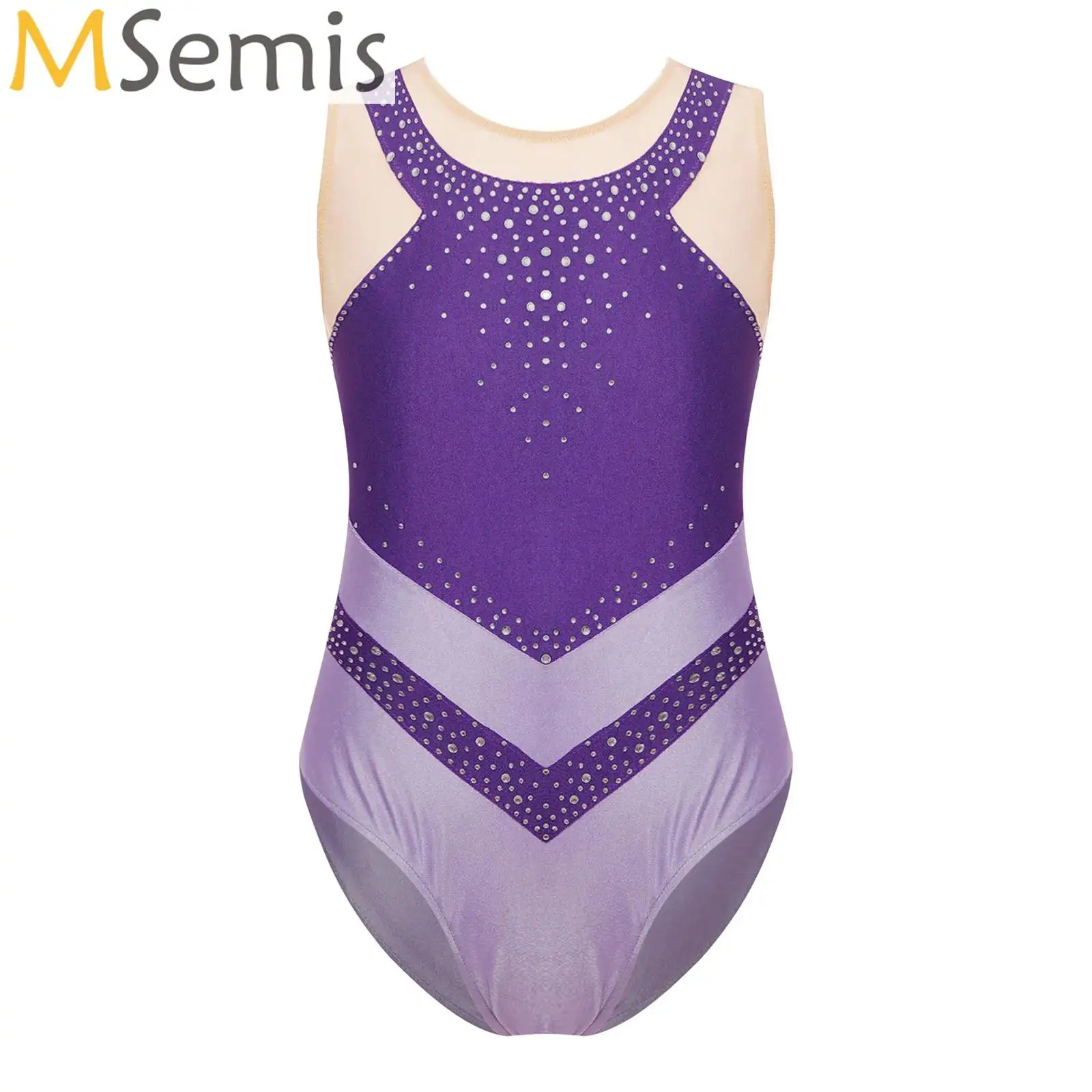 

Kids Rhinestones Leotard for Girls Rhythmic Gymnastics Jumpsuit Mesh Sleeveless Bodysuit Professional Ballerina Practice Costume
