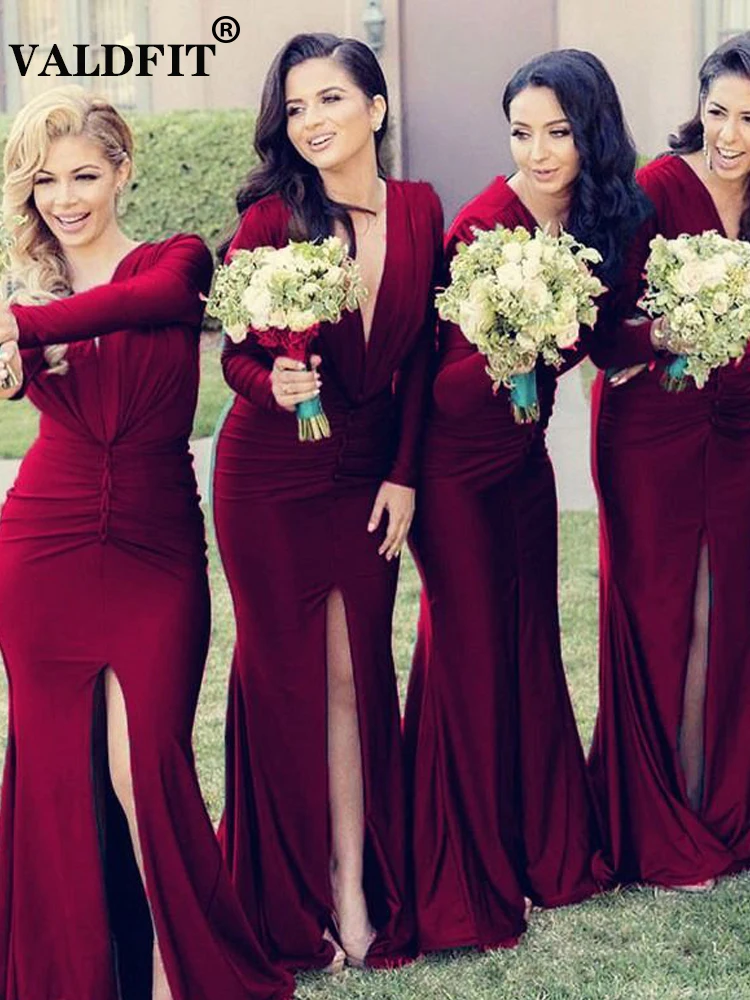 Long Sleeves Burgundy Mermaid Bridesmaid Dresses 2022 With Slit V