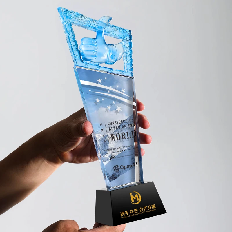 Customized Thumb shape Crystal Trophy, Excellent Staff Annual Meeting Awards, Home Decoration, Color Printing Carving Medal, 1Pc