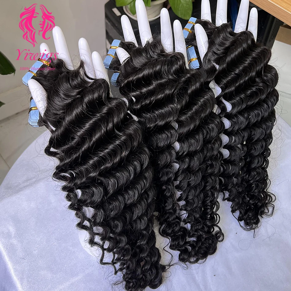 Deep Wave Tape In Extensions Unprocessed Raw Human Hair Invisible PU Skin Weft Tape For Women