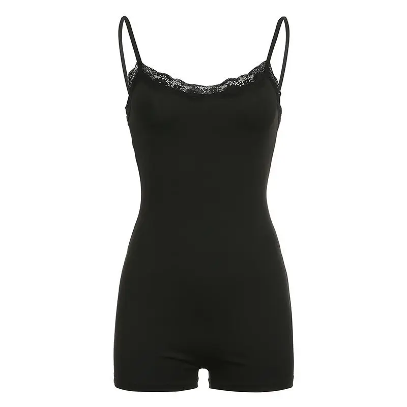 Summer Women's Clothing Sleeveless Lace Camisole Slash Neck Patchwork Solid Color Sexy Jumpsuits Commute Streetwear Rompers