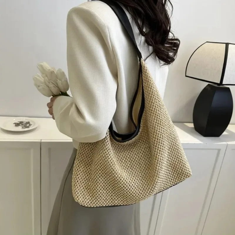 Women's Hollow Woven Shoulder Bags Large Capacity Knitting Underarm Bag Solid Crochet Tote Shopping Handbag Summer Beach Bag