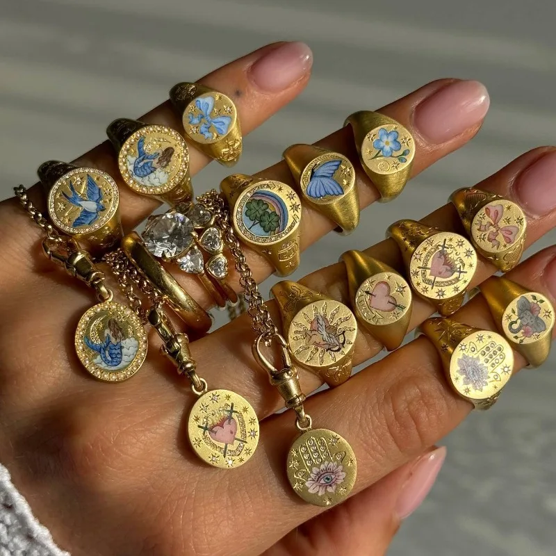 Exqusite Aesthetic Painted Rings for Women Men Luxury Gold Stainless Steel Wide Adjustable Finger Ring Party Jewelry