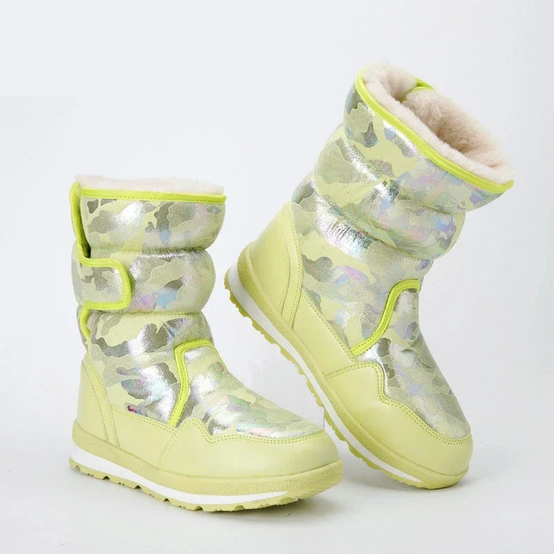 Camouflage Army Green Winter Warm Plush Children\'s Snow Boots Non-slip Waterproof Ski Girls\' Long Boots Family Matching Shoes