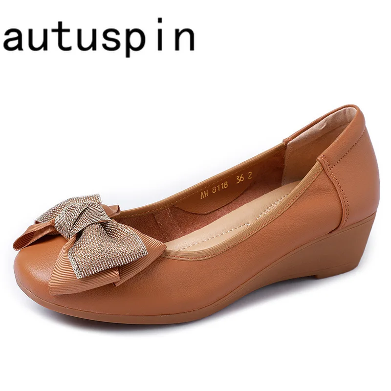 

AUTUSPIN 4cm Pumps Genuine Leather Women Shallow Shoes Fashion Sweet Butterfly Knot Ladies Office Wedges High Heels Plus Size 42