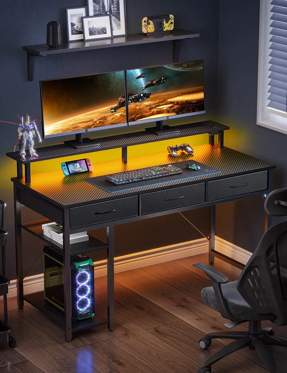 Computer Desk with Power Outlets & LED Light, 47 inch Home Office Desk , Modern Work Desk for Home Office, Carbon Black 6