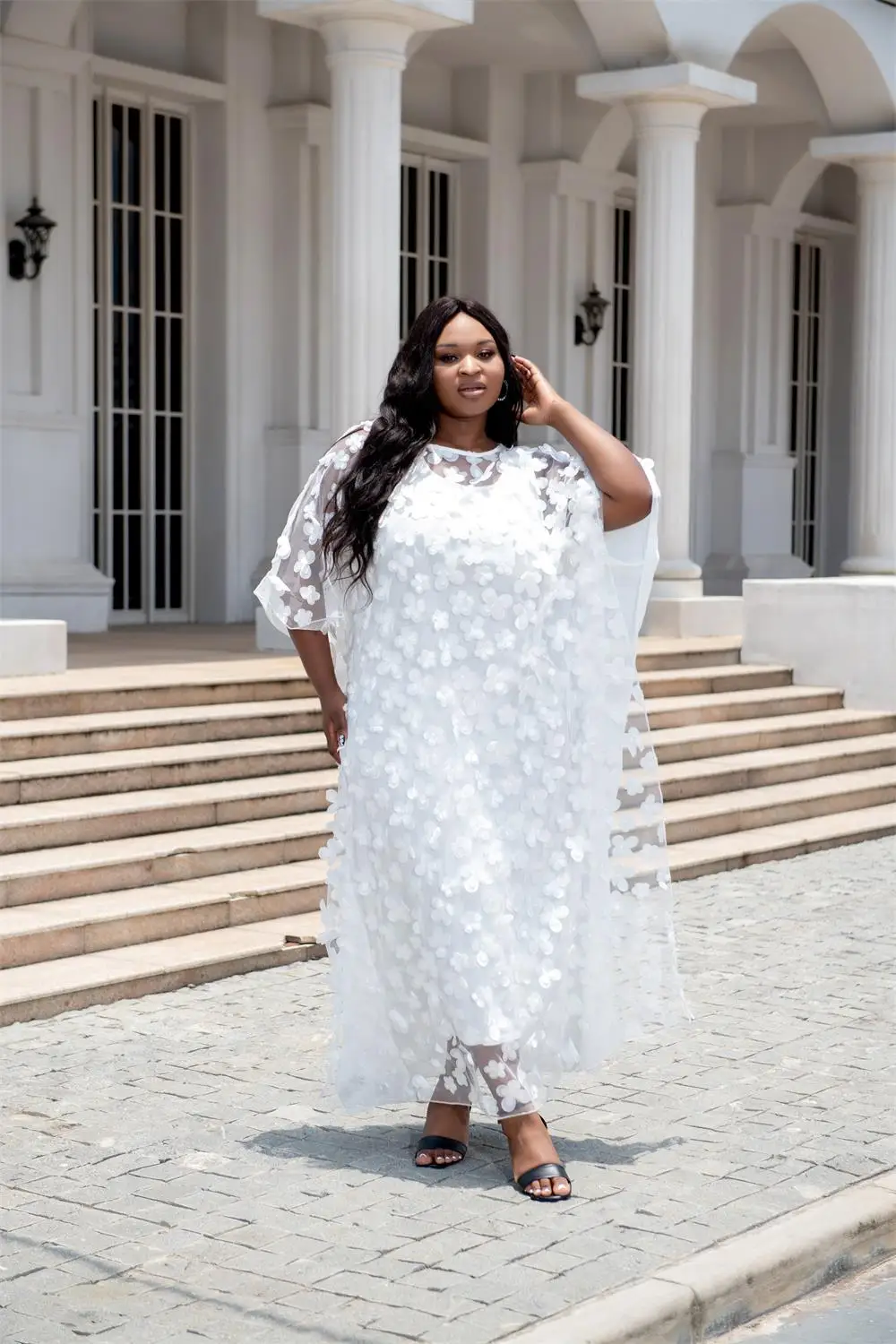 African Dresses for Women White Summer Traditional Africa Clothing Applique Flower Muslim Kaftan Chiffon Maxi Long Dress