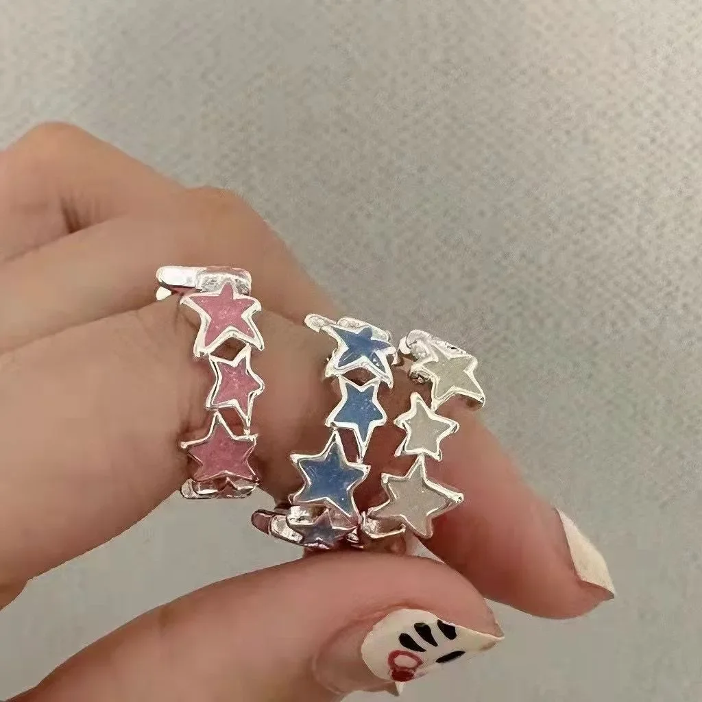 Fashion rings Y2k irregular pink stars opening adjustable Korean enamel blue star paired for girls
