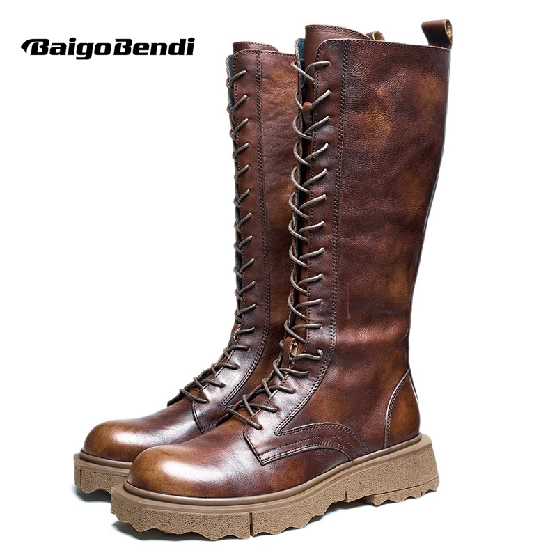 

Men's Cow Genuine Leather Motorcycle Boots British Style Retro Knight Knee-High Long Boots Modern New Fashion Winter Cool Shoes