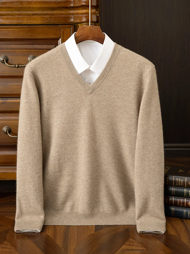 Moda uomo 100% maglione pullover in cashmere con scollo a V manica lunga pullover spesso autunno inverno abbigliamento casual in maglia di cashmere intelligente 2