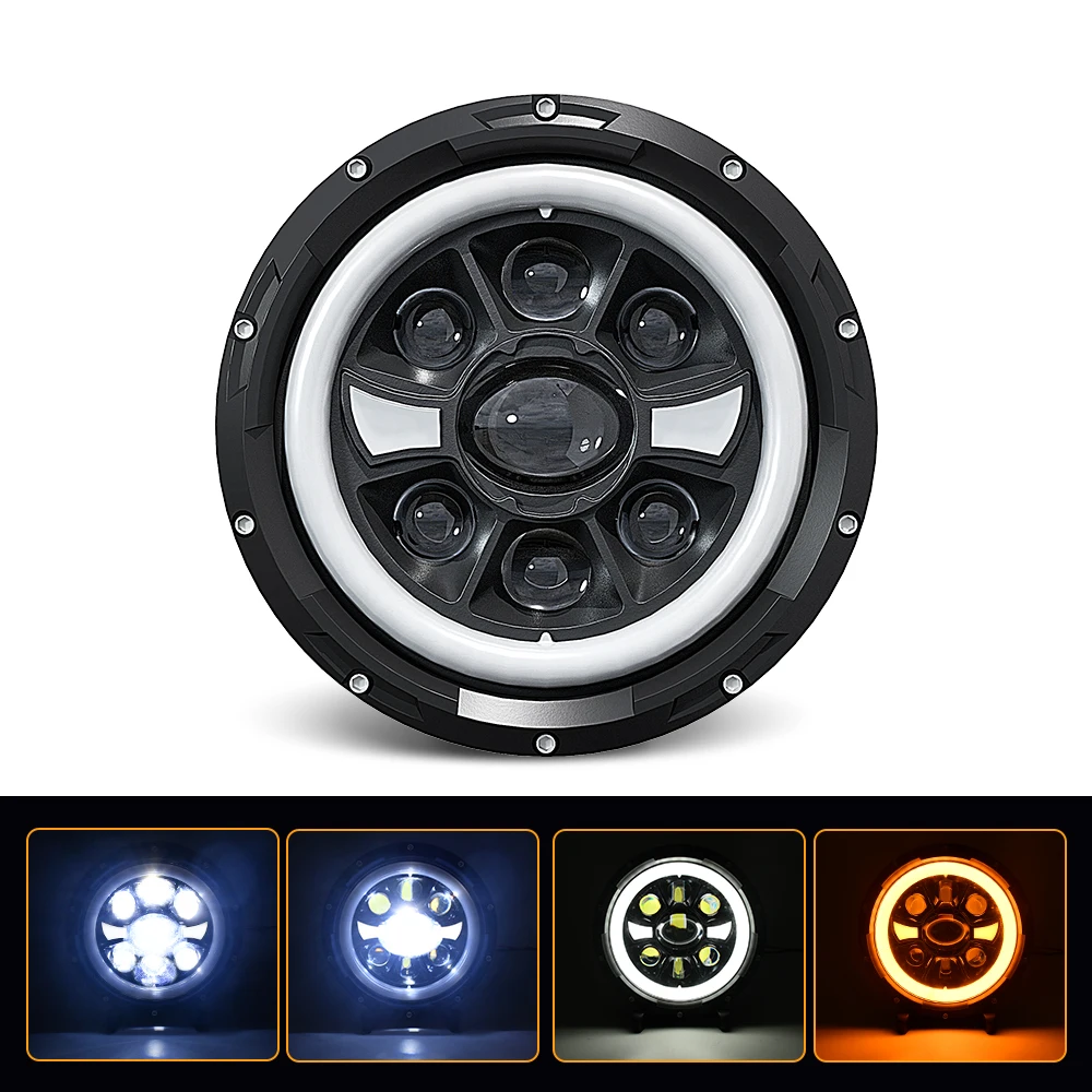 DRL 4x4 7inch Round Headlight with High/Low Beam Turn Signal Jeep Crystal Len 4
