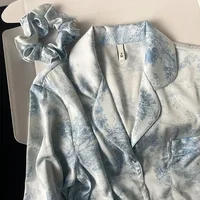 1Set New Ice Silk Women Pajama Lapel Button Cardigan Outfits for Women Fashion Printing Set Clothes for Women - Image 4