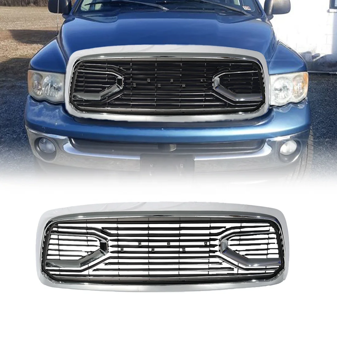 

Car Grills Big Horn Style Front Grille Chrome Grill With Amber Lights For 2002-2005 Dodge Ram 1500 ABS