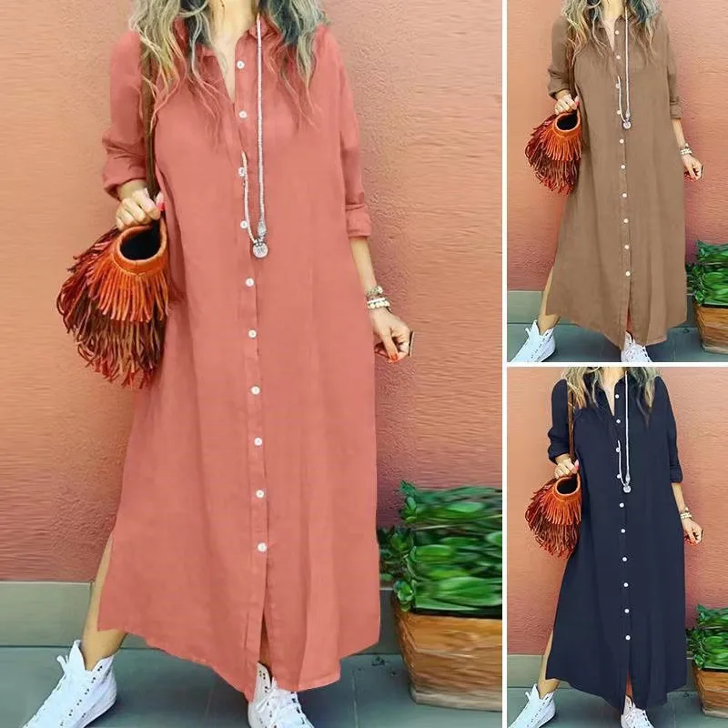 

New Solid Color Lapel Long Sleeve Loose Cardigan Dress