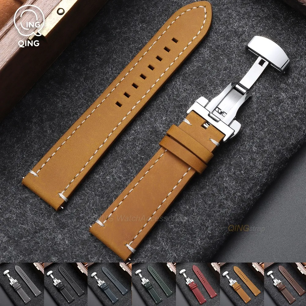 Premium Calfskin Leather Watchband with Butterfly Buckle - Quick Release Vintage Style Strap