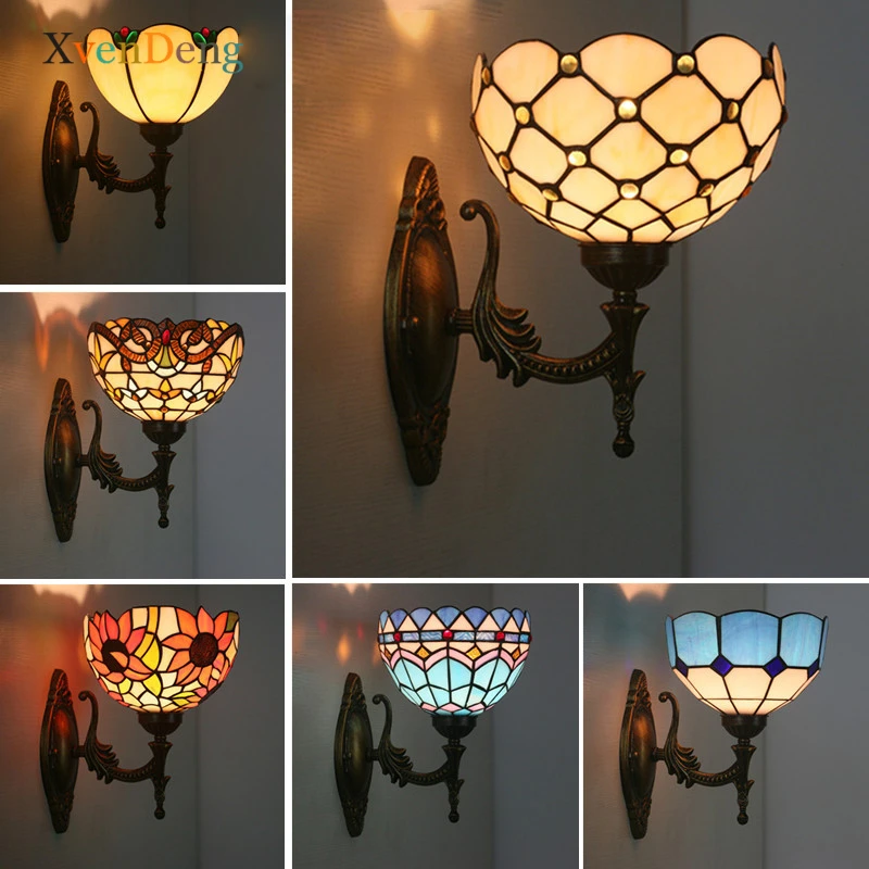 

Tiffany Stained Glass Wall Lamps Retro Mediterranean Bedroom Living Room Study Dining Room Balcony Aisle Baroque LED Wall Lights