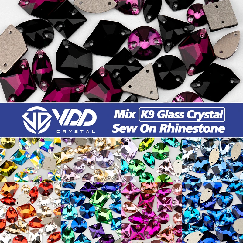 VDD-Sew-On Strass Costura, Crystal Flatback Stones, Acessórios de Vestuário, Vestido de Noiva, Tamanho Mix, AAAAA, K9, 20 pcs, 50pcs