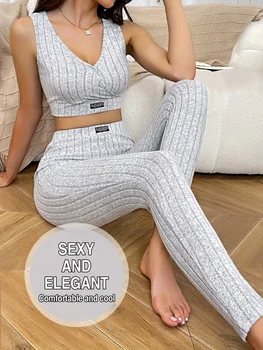 Women's Four-Season Pajamas with Simple V-Neck Short Slim-Fit Top, Sporty Short Tank Top, and Long Pants Two-Piece Set, Suitable for Wearing Outside as Loungewear 1