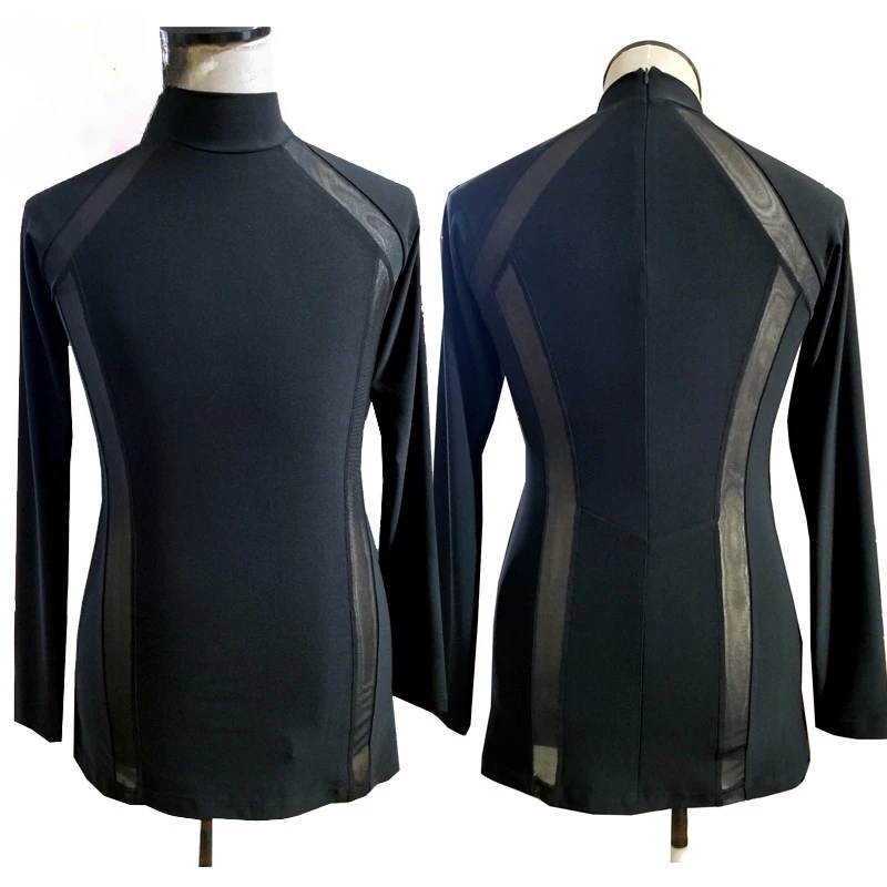 Men Latin Dance Shirts High Neck Mesh Splicing Competition Long Sleeve Top Practice Ballroom Costumes