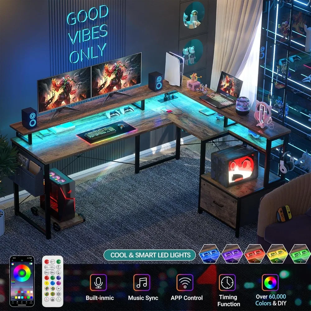 "versatile l-shaped desk with integrated power outlet and led lighting, reversible for dual-purpose use with storage drawer, ide