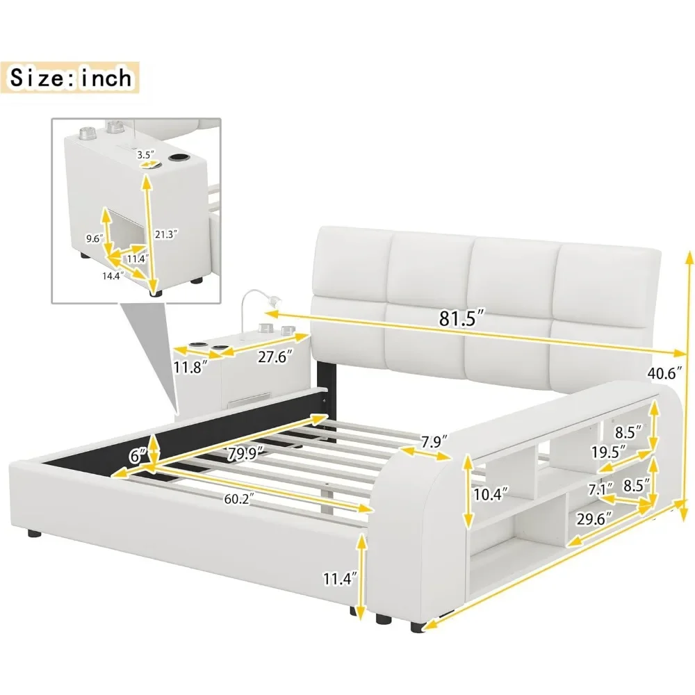 Queen Size Smart Bed Frame with Storage Shelves and Multimedia Nightstand, Upholstered Platform Bed with Headboard and Light 4