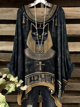 Fashion New Arrival Plus Size Bastet Egyptian Cat Goddess Print Women's Top Elegant Casual Style Round Neck Long Sleeve T-Shirt 1