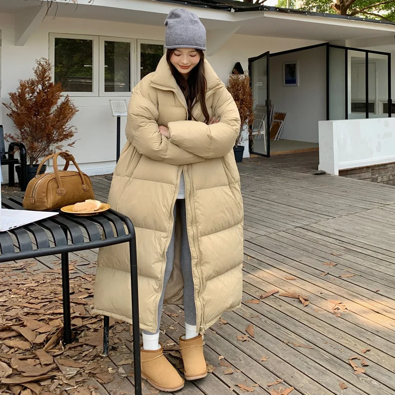 2023 New Oversize Down Cotton Coat Women Long Over Knee Length Thick Loose Bomb Casual Comfortable Overcoat Solid Color White