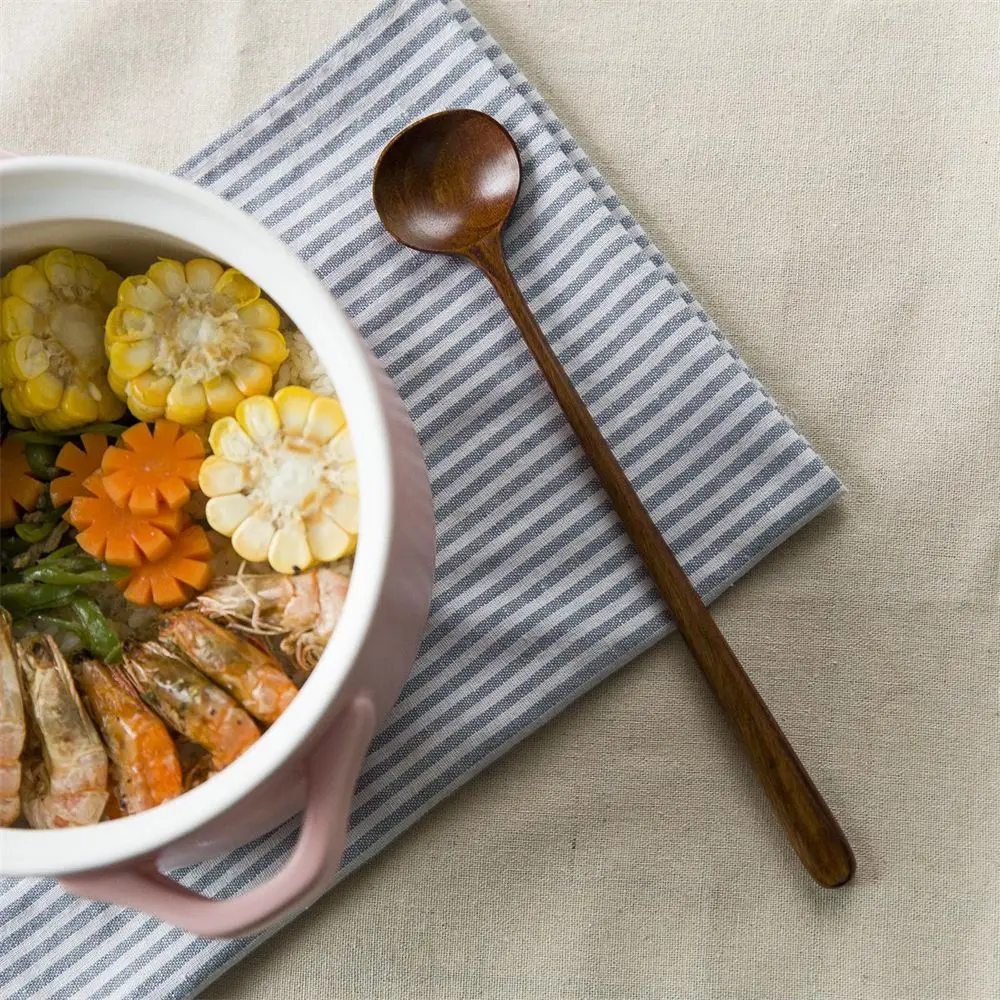 Natural Wooden Long Handle Spoon Soup Scoops Dessert Porridge Tea Coffee Wood Spoons Tableware Kitchen Supplies Household