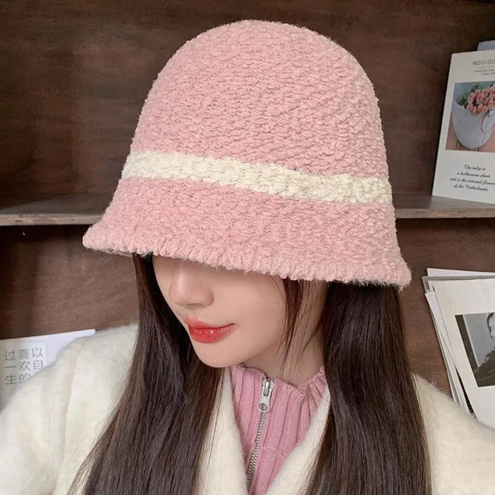 여성용 줄무늬 어부 모자, 혼합 색상 양모 양털 모자, 머리 장식, 따뜻한 버킷 캡, 패션