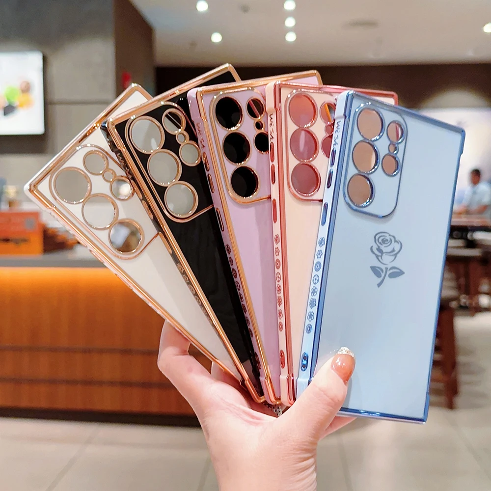 Cute Side Rose Flower Plating Case For Samsung Galaxy S23 S22 S21 Ultra Plus S20 FE A54 A34 A14 A53 A23 A24 5G Bumper Soft Cover- S3b0e8c2b98e045b2a79f843f22a31a5ck