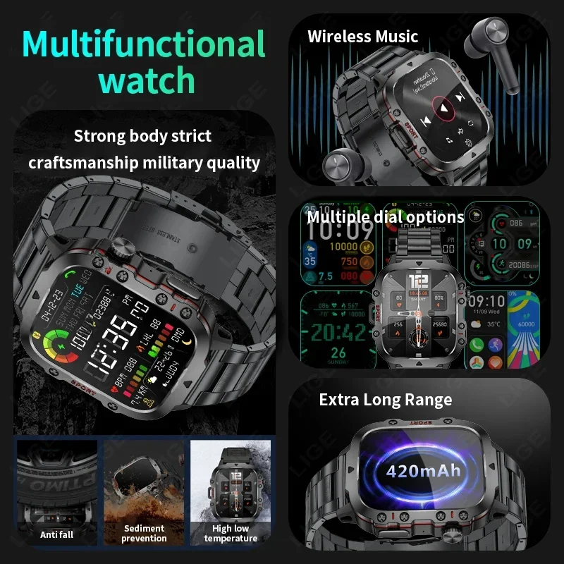 2024 Rugged Military Smart Watch Men Outdoor Watches lP68 Waterproof 2.01" Al Voice Bluetooth Call Smartwatch For Android lOS 2