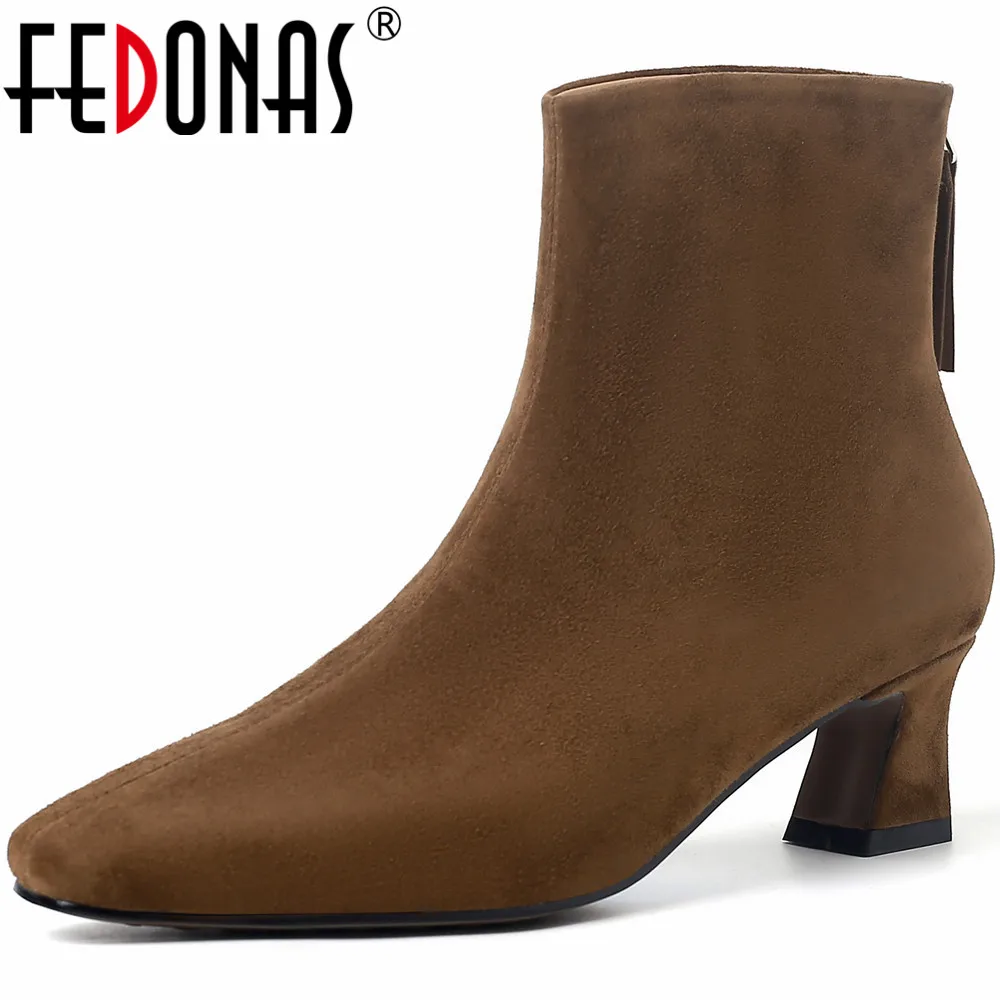 

FEDONAS Office Lady Basic Women Ankle Boots Autumn Winter Genuine Leather Square Toe Back Zipper Mature Concise Shoes Woman New