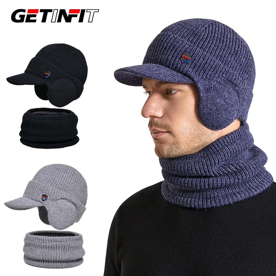GETINFIT Winter Ear Protection Scarf 2-Piece Set Warm Ear Protection Hat Scarf Set With Velvet Yarn Hat Pullover Knitted