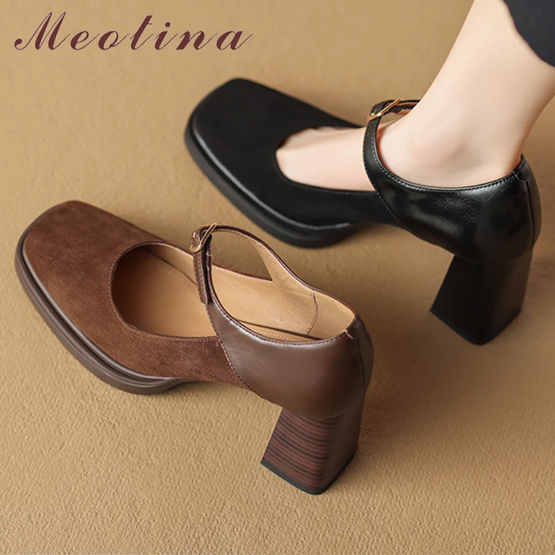 

Meotina Women Genuine Leather Mary Janes Pumps Square Toe Platform Thick High Heels Buckle Ladies Fashion Shoes Spring Autumn 40