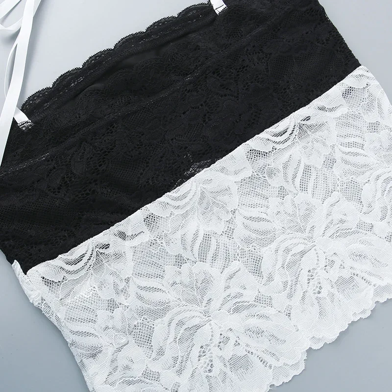 Halter Lace See-Through Crop Top Ruffled Contrast Tank Top - Y2K Fashion Patchwork Strapless Sexy Contrast Cropped Top