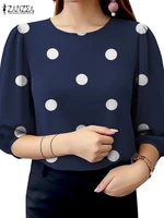 2025 Summer Polka Dots Printed Blouse ZANZEA Elegant Women Shirt Casual O-Neck 3/4 Sleeve Holiday Tops Fashion OL Work Blusas - Image 2