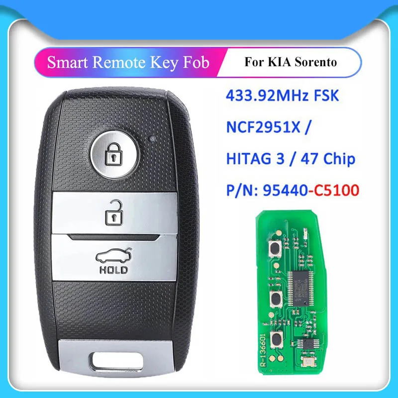 Keychannel 1pcs 3 Button Car Key Remote ID47 433.92MHz Smart Key Keylessgo Fob FCCID 95440-C5100 for Kia Sorento 2015-2018