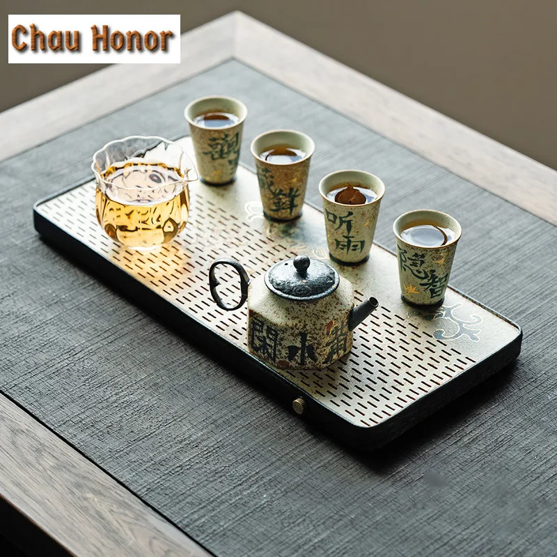 Blue And White Flint Red Rectangular Tea Tray Gold Draw Peony Flower Pot Bearing Support Tea Table Water Storage Dry Tea Table