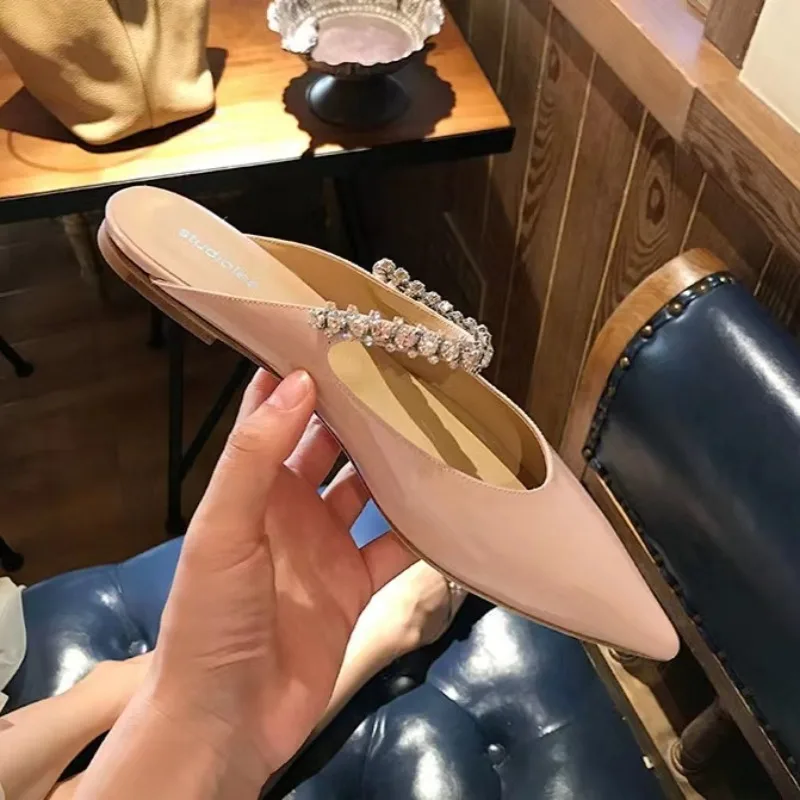 

Naked Pink Flat Sole Single Shoes for Women Summer Sweet Pointed Rhinestone Shallow Mouth Slippers for Ladies Sandals 2024 Lefus