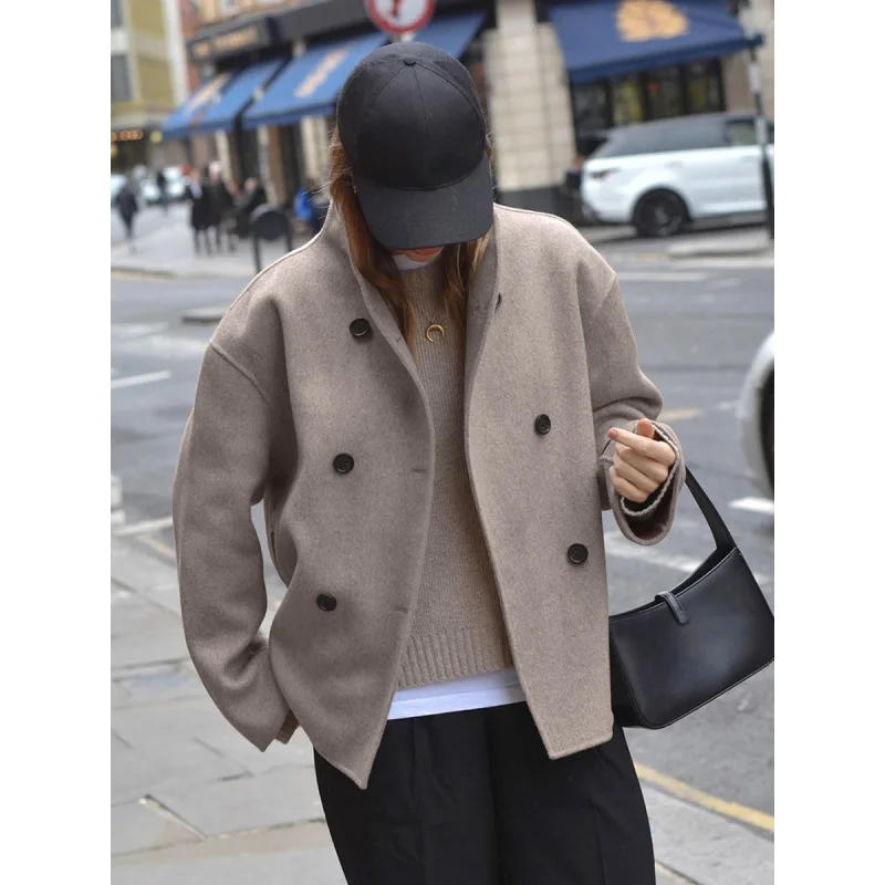 Design Brown Double-Breasted Woolen Coat Women's Winter Thickened Woolen Coat Mid-Length 2024 Women's Fengsb