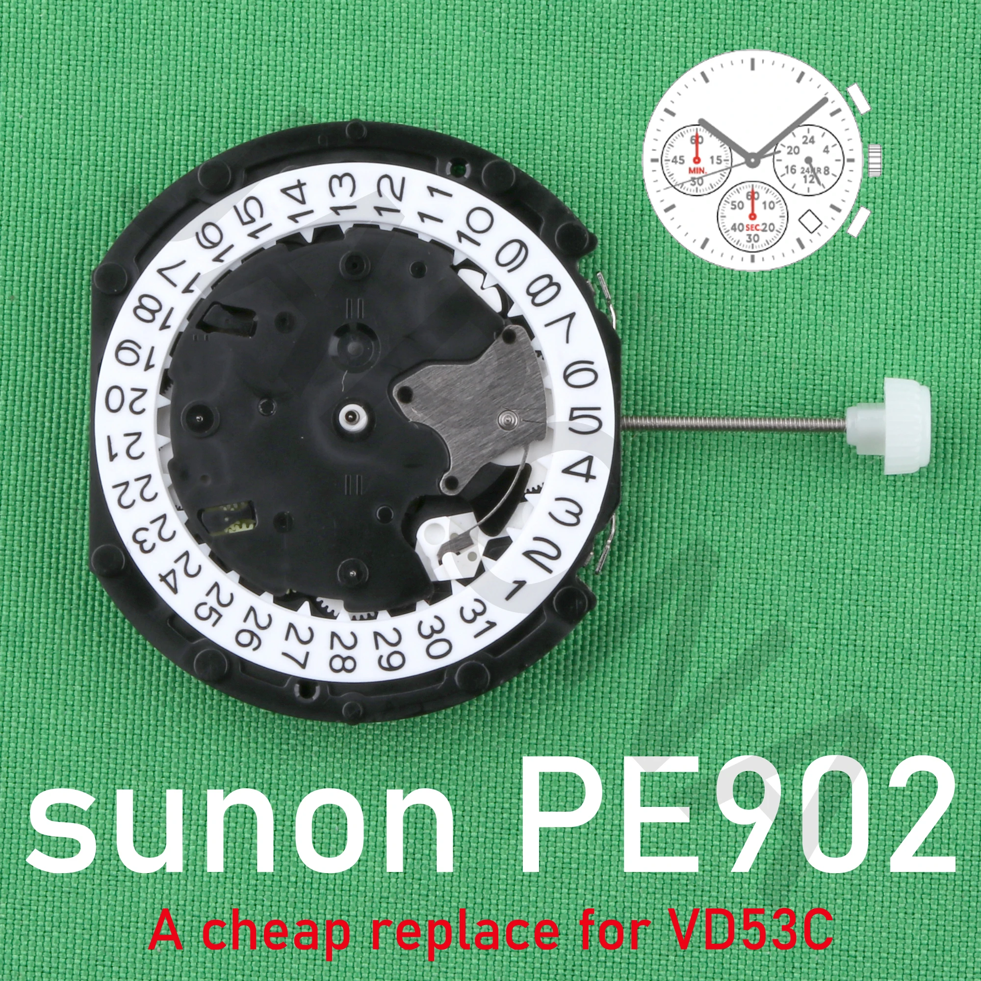 

PE902 movement sunon PE90 movement A cheap replace for VD53C movement 3Eyes ＆Date Small Chrono Second ＆ Minute,24Hour