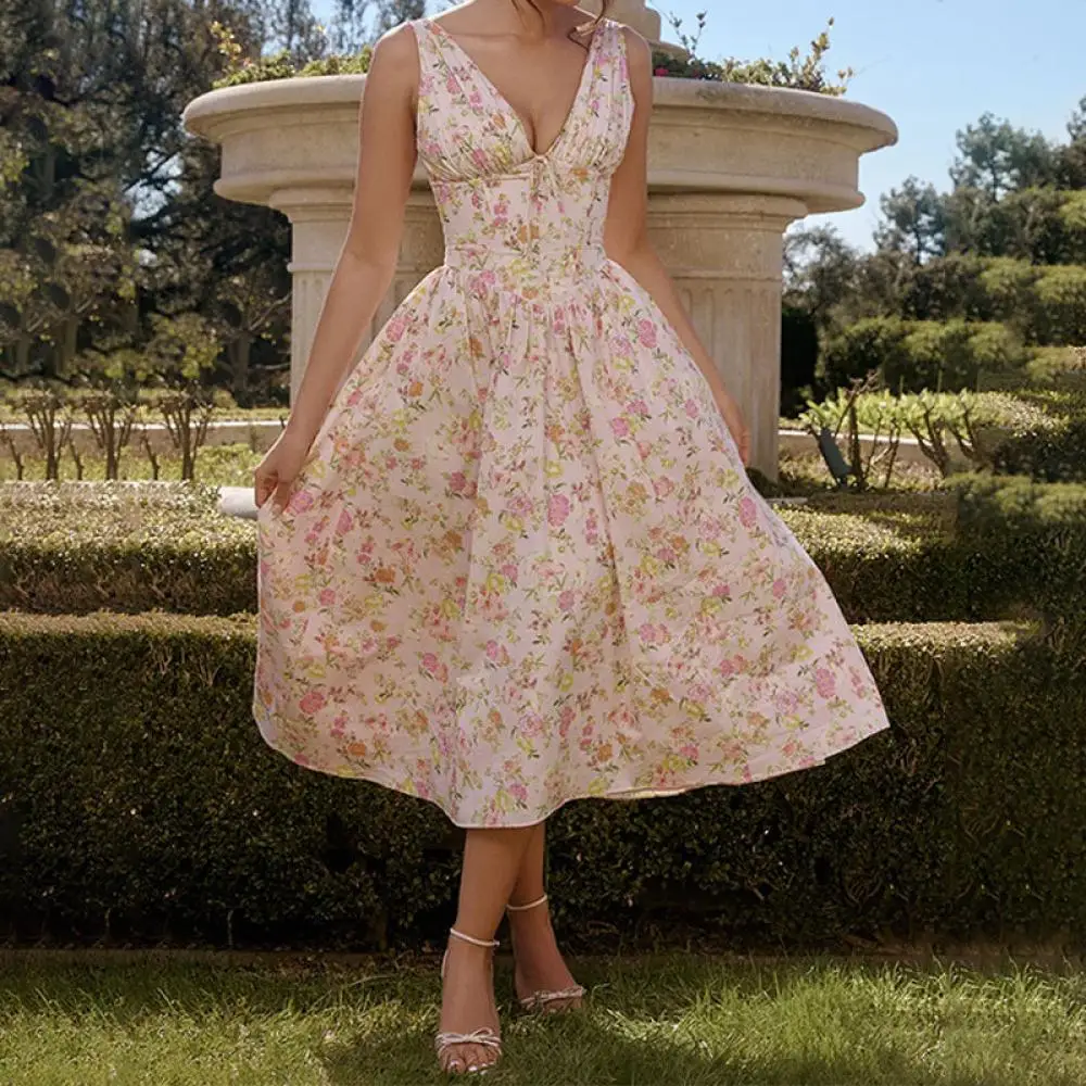 

Women Elegant Deep V Neck Lace Up Dress Fashion Flower Printed Backless Sleeveless Dress Casual High Waisted Ruffled Streetwear