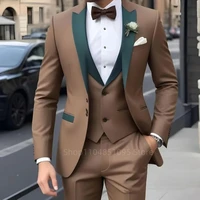 Brown Peak Lapel Men Suits 3 Piece Fashion Singel Breasted Formal Men Clothing Smart Casual Wedding Suits(Blazer+Vest+Pants)
