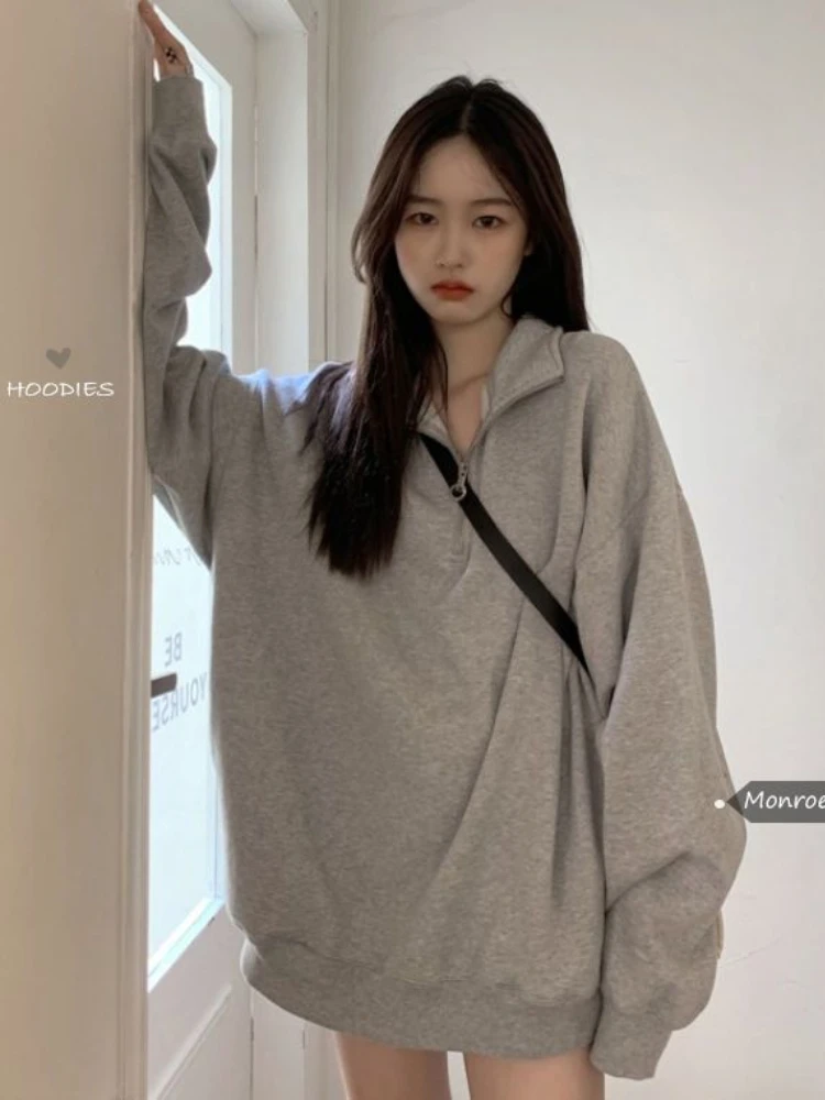 Deeptown Korean Fashion Gray Oversized Sweatshirts Women Harajuku Zip Up Hoodie Vintage Loose Casual Polo Collar Pullover Tops