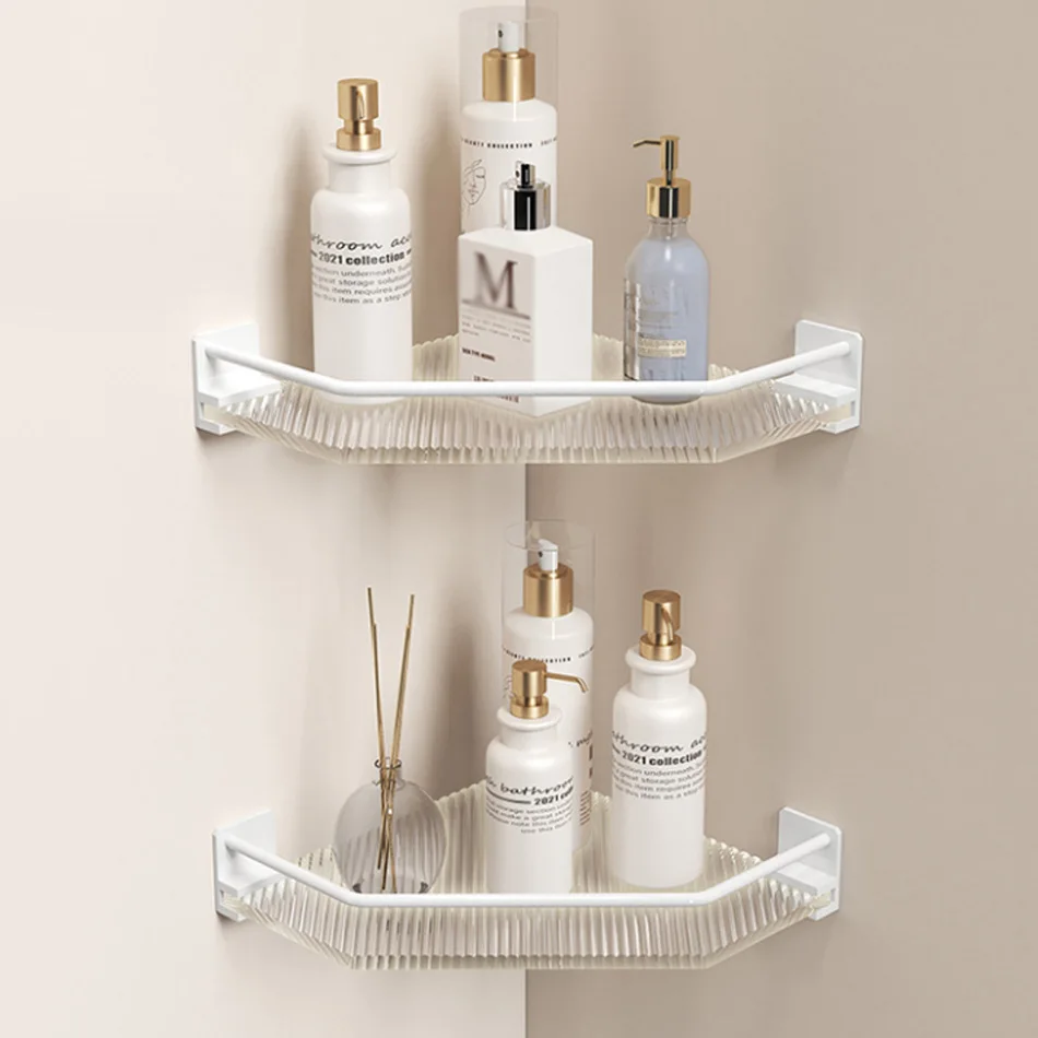 ชั้นวางของในห้องน้ำทรงสามเหลี่ยมพร้อมตะขอแขวนอะคริลิคสีขาวติดผนังอลูมิเนียมห้องน้ำแชมพูในห้องน้ำที่เก็บสบู่ที่วางมุม 1
