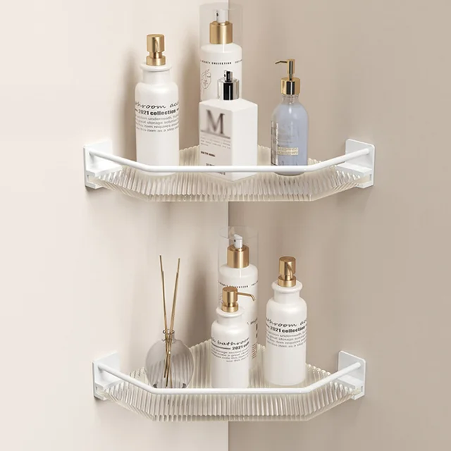 ชั้นวางของในห้องน้ำทรงสามเหลี่ยมพร้อมตะขอแขวนอะคริลิคสีขาวติดผนังอลูมิเนียมห้องน้ำแชมพูในห้องน้ำที่เก็บสบู่ที่วางมุม 1