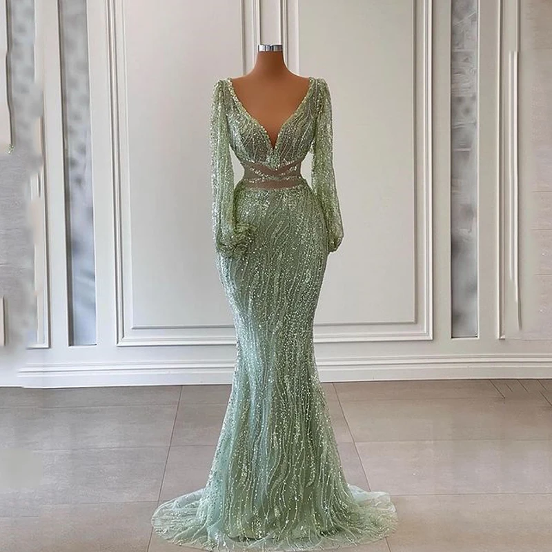 Luxury Sage Green Mermaid Arabic Evening Dresses 2023 Dubai Crystal