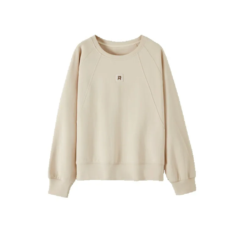 Women's Spring Autumn Solid Pullover Crew Neck Letter Patch Long Sleeve T-shirt Loose Hoodies Casual Vintage Office Lady Tops