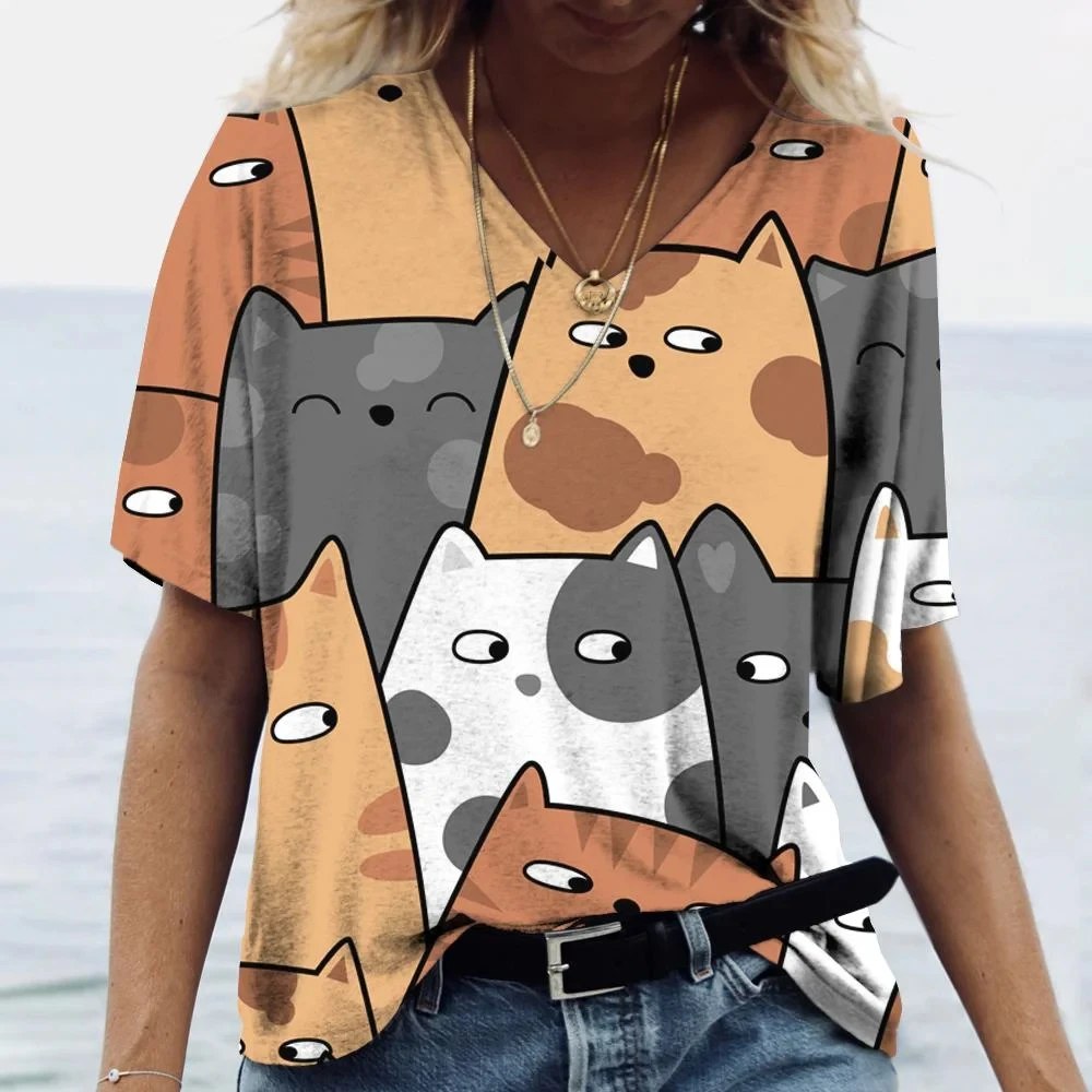 

2024 Refreshing Summer Fashion Women's Clothing Artistic Cat Pattern T-Shirt 3d Printed V-Neck Sports Casual Short Sleeved Top