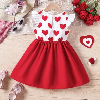 2024 Summer New Kids Girls Sleeveless Lapel Collar Heart Print Red White Patchwork Party Princess Dress Children Clothing 2-7T 2